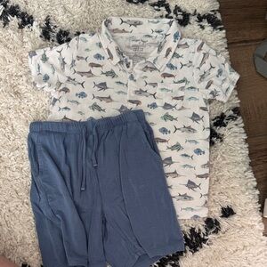 Angel Dear game fish Print collared shirt and shorts Set - White and Blue